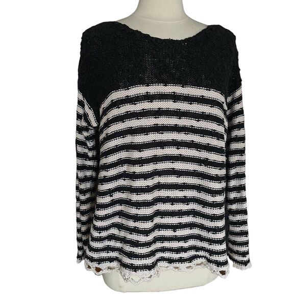 Free People Oversized Sweater Sz M Black/Ivory Pullover Open Weave Sides Cotton - Picture 4 of 11